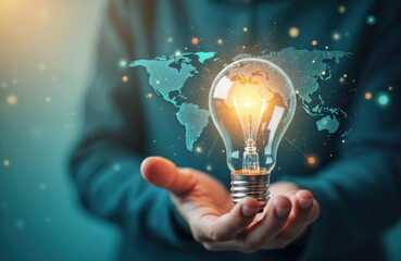 Hand holds light bulb with world map inside. Creative idea concept, innovation for global digital online business, marketing, data management services to target growth. Worldwide tech inspiration.