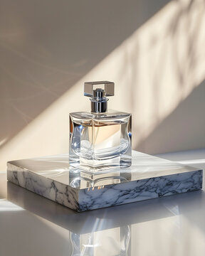 Luxury Cosmetic Product Display &ndash; Glass Perfume Bottle on Marble Platform, Soft Studio Lighting, Elegant Composition, High Resolution