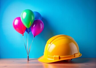 Minimalist Blue Background: Construction Helmet & Balloons - Stock Photo