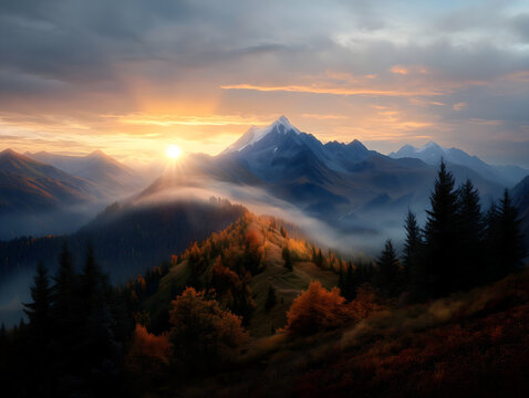 Ultra-Detailed Photorealistic Mountain Landscape at Sunrise &ndash; Golden Light, Misty Peaks, Vibrant Autumn Colors, High-Resolution, National Geographic Style