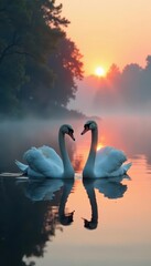 Fototapeta premium Two swans swim at dawn, mist hangs over still water, waterfowl, animal photography