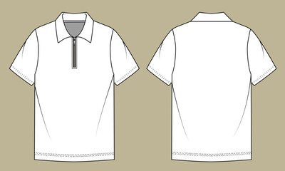 Short Sleeve polo shirt with zipper Technical drawing Fashion flat sketch front and back views vector illustration template. © sumon