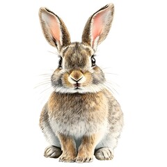 Obraz premium An adorable brown bunny rabbit sits attentively looking directly at the camera with big ears and fluffy fur against a white background.