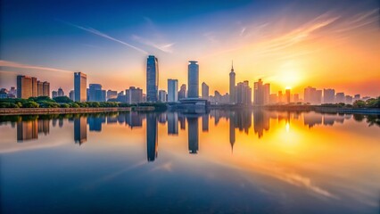 Minimalist Cityscape: River View at Dawn - Modern Urban Panorama