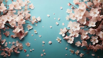青い背景と桜の花びらとコピースペース
