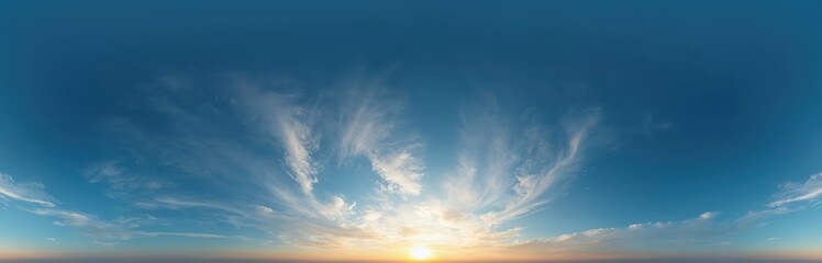 Sky panorama with Cirrostratus clouds in spherical format, seamless equirectangular projection. Full zenith for use in 3D graphics, game, composites in aerial drone 360 degree panoramas for sky