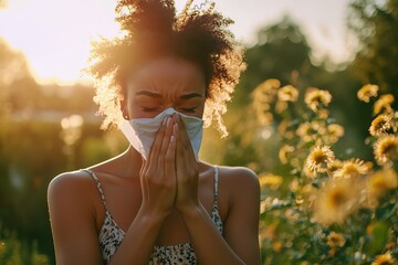 young woman sneezing into tissue in response to cold or allergy
