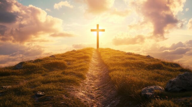A wooden cross standing on a hill against a golden sunset, symbolizing faith and hope.