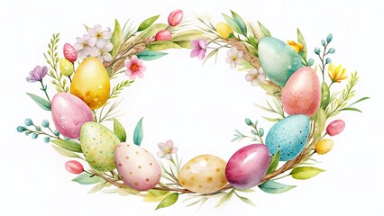Minimalist Easter Wreath Watercolor Painting: Colorful Eggs & Spring Flowers
