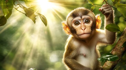 Fototapeta premium Cute monkey in bright sunshine looks directly at the camera, forest background