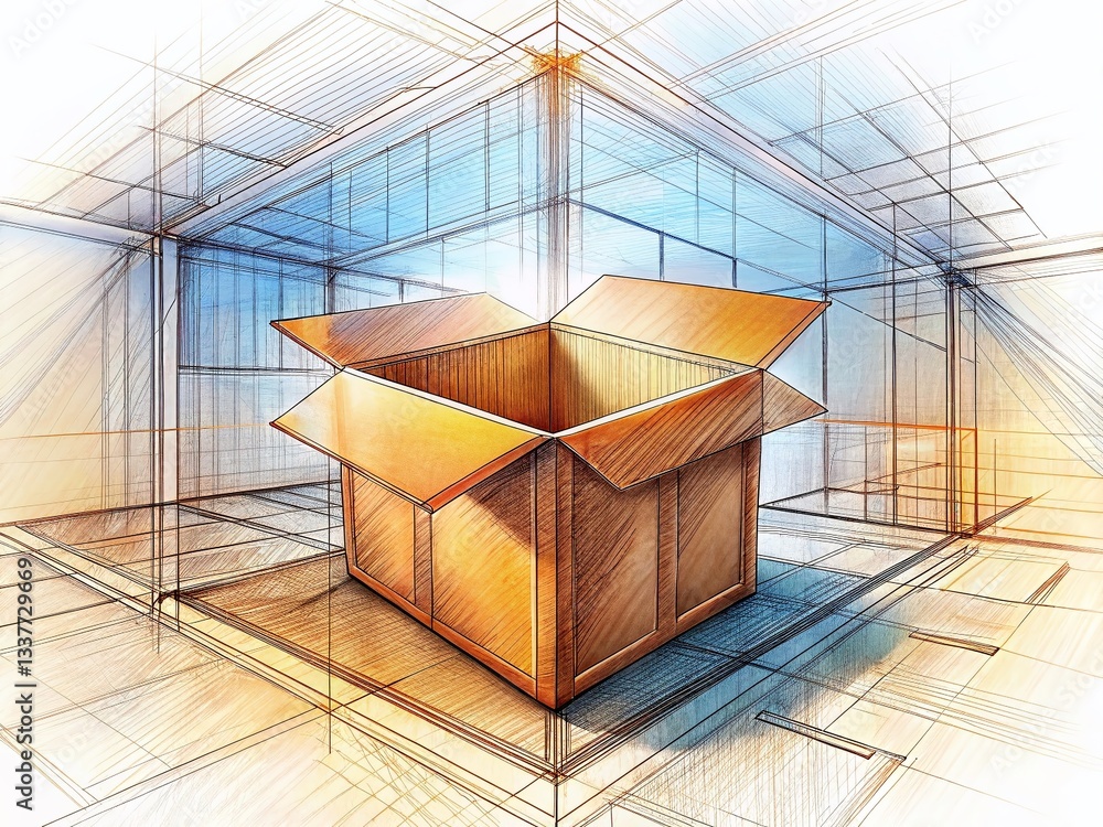 Aufkleber minimalist empty cardboard box architectural sketch - high depth of field stock photo