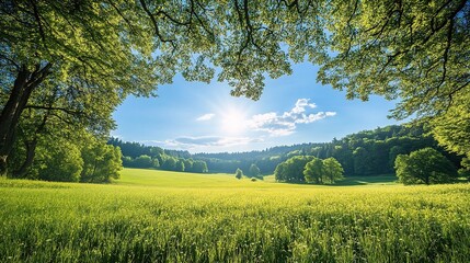 Sunlit Landscape with Lush Green Trees and Vibrant Meadow View