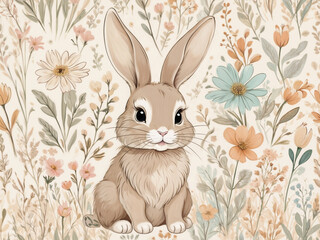 Obraz premium Abstract glow modern Easter bunny floral pattern in beige color. Baby rabbit sitting in tiny flowers spring field pastel illustration