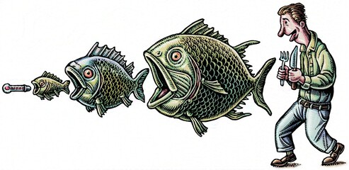 food chain of mercury in fish, small fish eats thermometer and ultimately the biggest fish is eaten by a human being