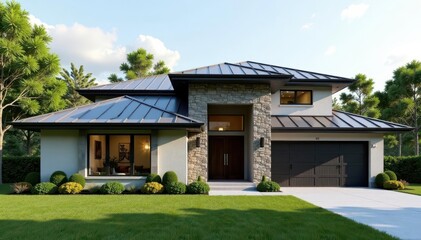 Modern farmhouse exterior, stone facade, sleek metal roof, exterior, stylish, residential