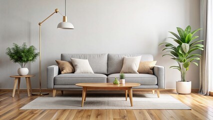 Minimalist Gray Living Room Mockup: Light Gray Sofa, Wooden Floor, White Walls, Empty Space for Text Overlay