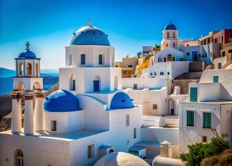 Obraz premium Minimalist Greek Town Architecture: Whitewashed Buildings & Blue Domes