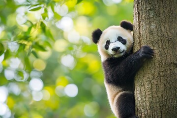 Obraz premium Panda climbing tree in the lush green forest background, wildlife scene for conservation