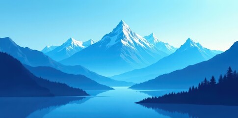 Fototapeta premium Serene blue vector landscape; majestic mountain silhouettes , peak, illustration