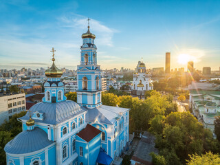 Summer Yekaterinburg, Temple of the Ascension and Temple on Blood in beautiful clear sunset.