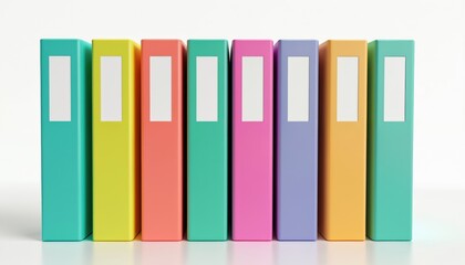 Office folders in bright rainbow colors isolated on white background. Colorful file binders organization for paperwork, archive documents. Business storage supplies, stationery. Folders catalog for