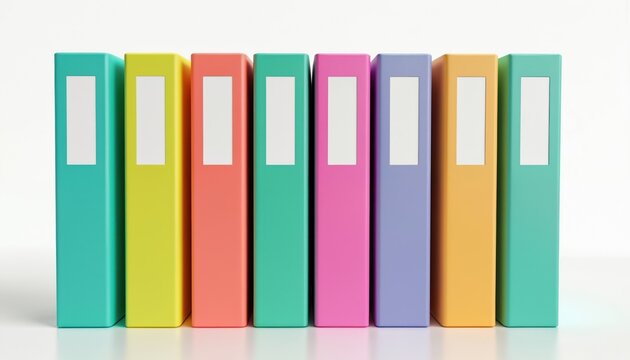 Office folders in bright rainbow colors isolated on white background. Colorful file binders organization for paperwork, archive documents. Business storage supplies, stationery. Folders catalog for