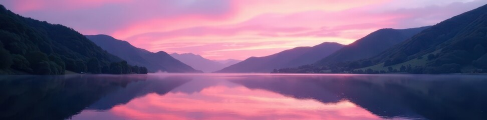 Fototapeta premium Soft pink dawn hues paint Keswick's sky, reflecting on Derwentwater , photography, derwentwater