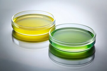 Minimalist Lab Still Life: Green & Yellow Petri Dishes on Reflective Surface