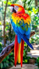 Obraz premium Colorful parrot perched on a branch outdoors, vibrant colors, blurred background