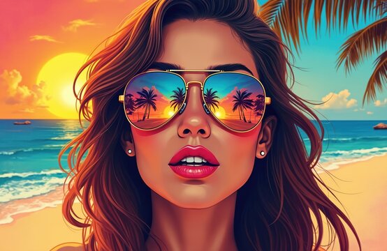Fair skin woman in sunglasses on beach at sunset. Tropical vacation, palm tree reflects in glasses. Creative summer pop art illustration, vintage fashion, retro style. Holiday background.