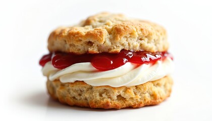 Delightful scone with strawberry jam, fresh whipped cream on white background. Traditional English tea time treat. Biscuit pastry with sweet toppings, dessert for bakery, cafe, restaurant menu.