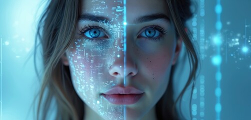 Deepfake concept with young beautiful woman, digital data overlay on face. AI technology with clone effect, neural network face recognition. Tech innovations, digital identity, cyber security,