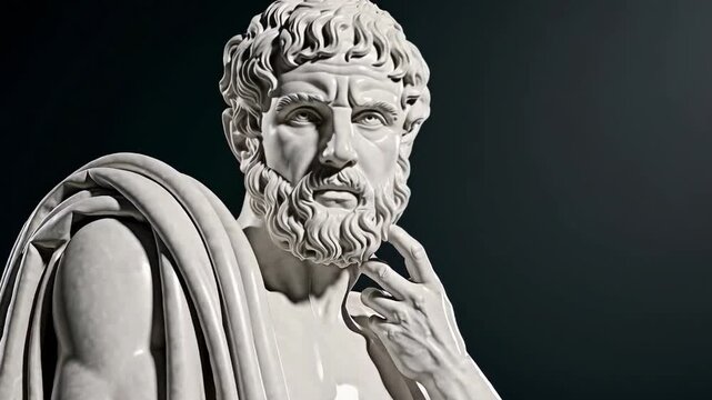 Close-up of a contemplative ancient Greek marble statue, depicting a thoughtful philosopher figure with expressive facial features and dramatic lighting.