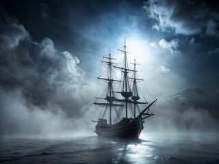 Fototapeta premium Minimalist Pirate Ship in Mystical Fog: Atmospheric Stock Photo