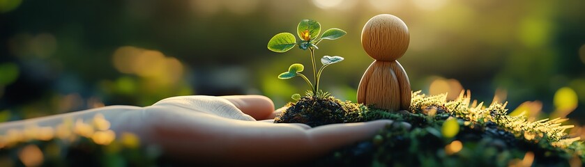 Hand holding sapling and figurine.