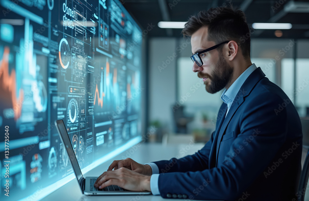 Poster man works on laptop with futuristic screen displaying business data, digital charts, graphs. busines