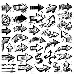 Set of black hand drawn arrows in multiple shapes