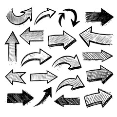 Set of black hand drawn arrows in multiple shapes