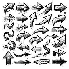 Set of black hand drawn arrows in multiple shapes