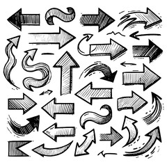 Set of black hand drawn arrows in multiple shapes