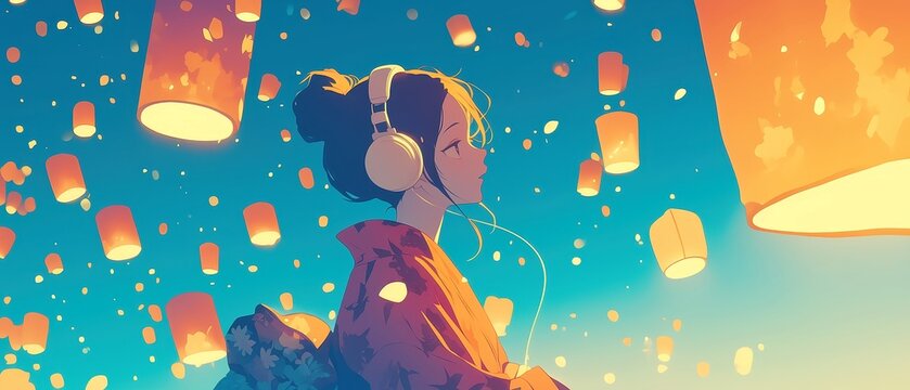 Cozy Evening Serenity, Anime illustration of a woman in a blanket with headphones, watching pastel lanterns rise into the night sky, minimalist style, nostalgic atmosphere.