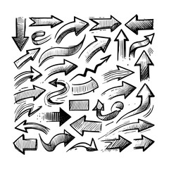 Set of black hand drawn arrows in multiple shapes