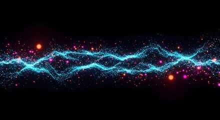 A futuristic digital landscape featuring flowing, glowing waveforms made of neon blue light particles