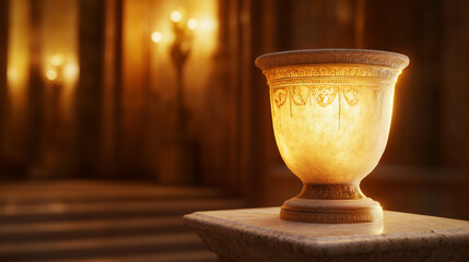 Glowing ancient artifact on marble pedestal, intricate details in soft light, timeless elegance in museum setting.