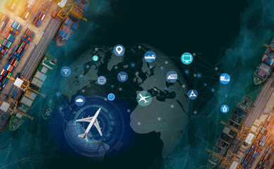 Aerial view and top view cargo plane flying above ship port in the export and import business and...