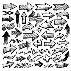 Set of black hand drawn arrows in multiple shapes