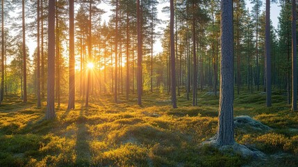 Fototapeta premium Serene Aerial View of a Finnish Forest During Sunrise