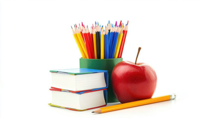 Naklejka premium Books and pencils with apple on white background.