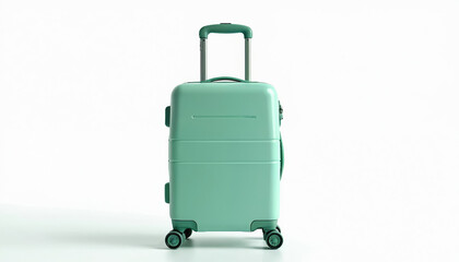 Fototapeta premium Mint green trolley case mock up on white transparent background. Travel suitcase with handle for vacation, holidays. Carry-on baggage mockup. Isolated object. Travel essentials for tourism business.
