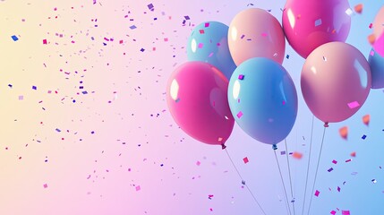 Birthday card with colorful balloons and confetti on a bright background